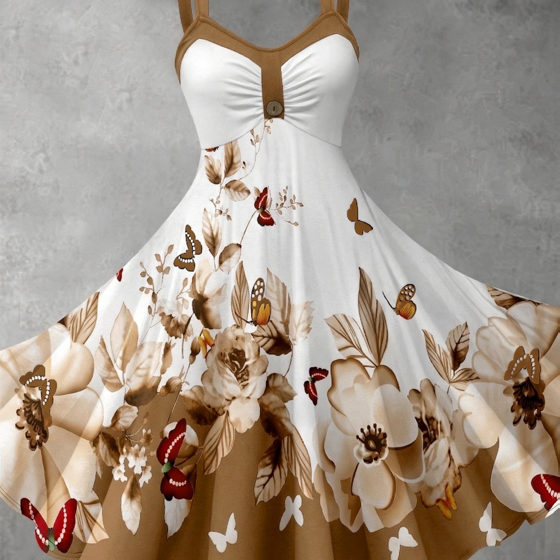 Butterfly Floral Print Camisole Maxi Dress with Color‑Block Flared Design – Elegant Long Summer Dress
