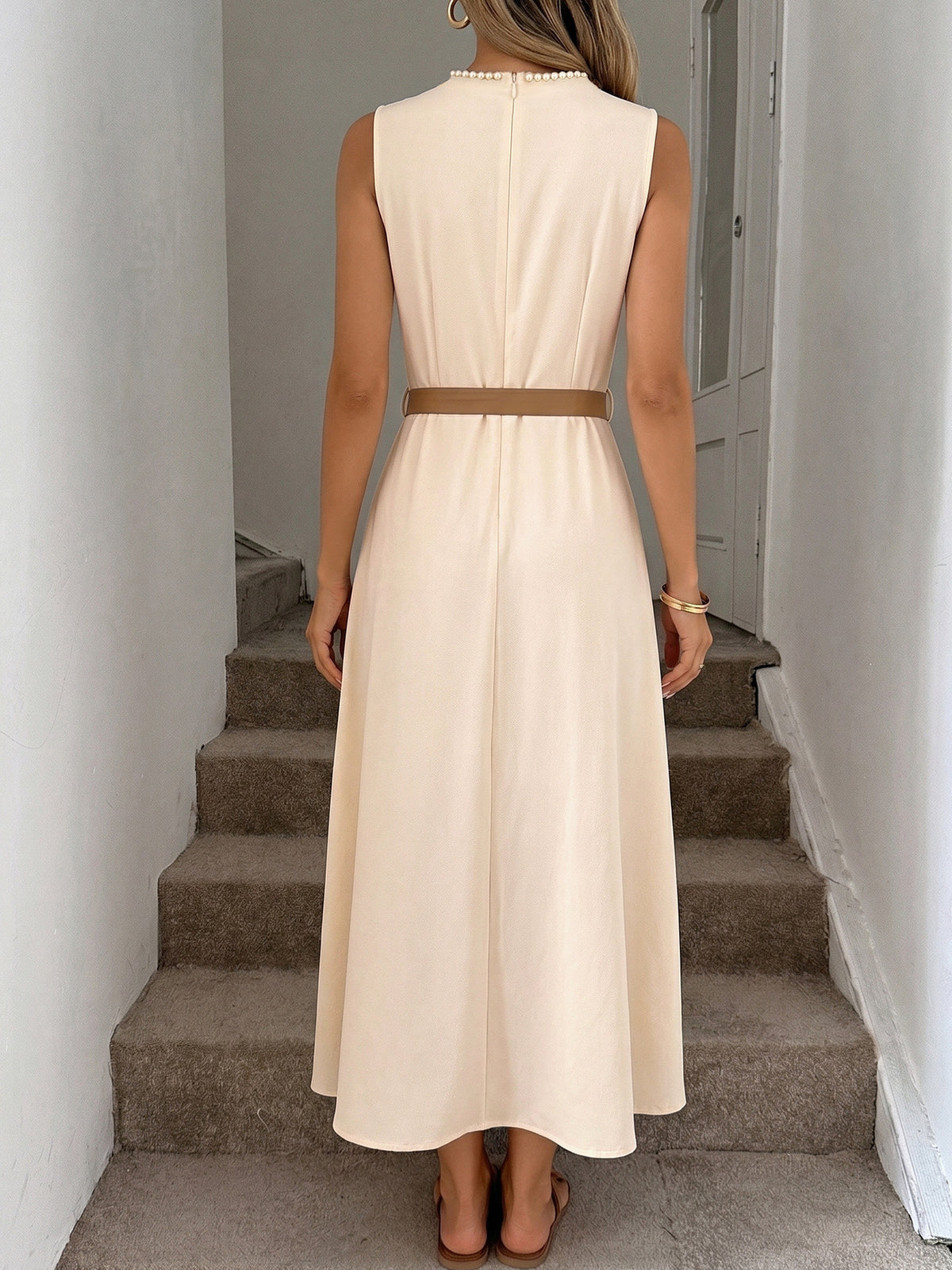 Pearl Neck Sleeveless Self-tie Belt A-line Midi Dress