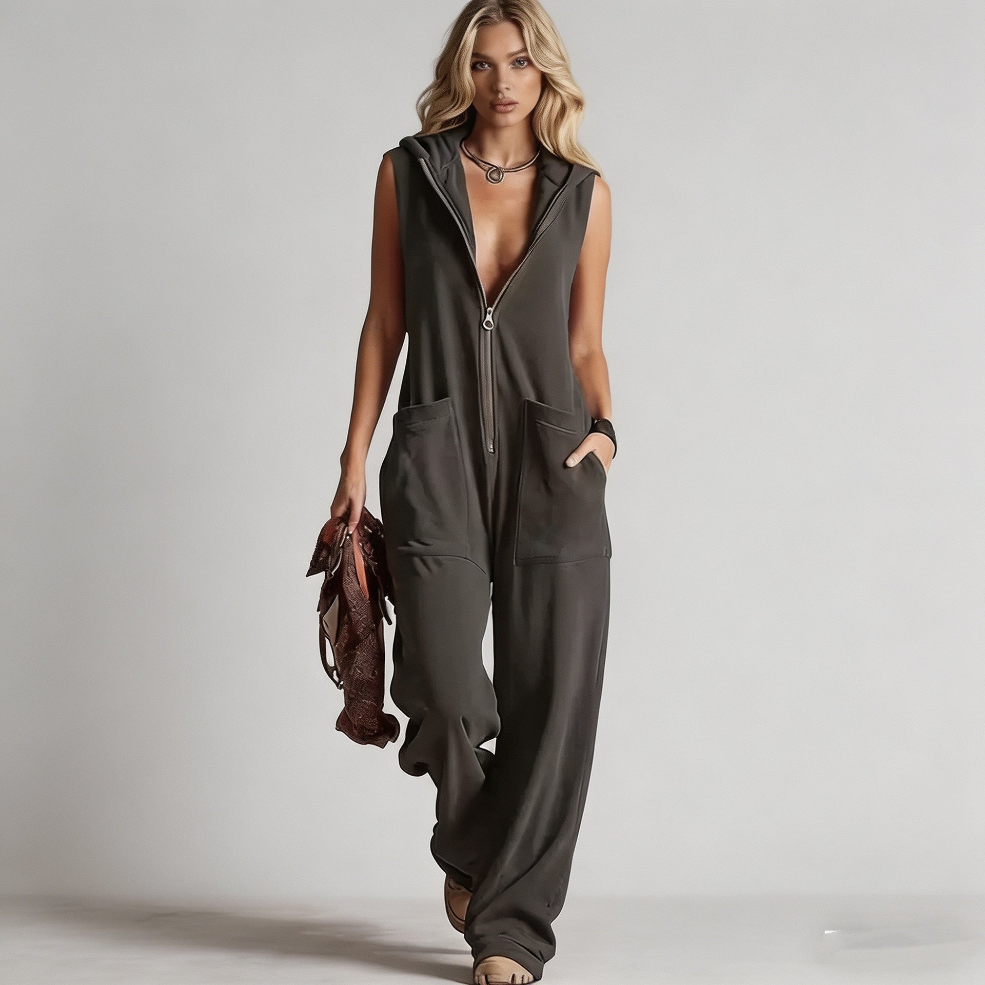 Women's Retro Hooded Zip-Up Casual Jumpsuit