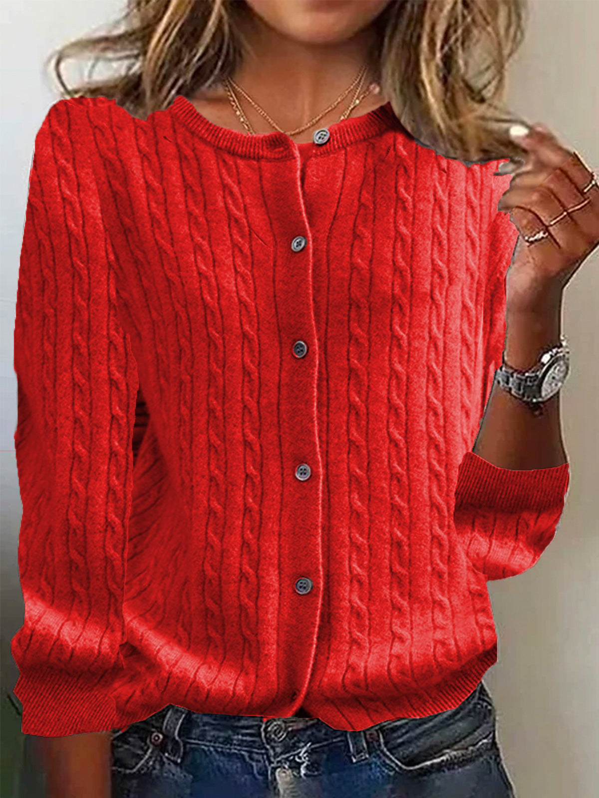 Womens Andi Fleece Crew-neck Knitted Linen-flower Cardigan Sweater
