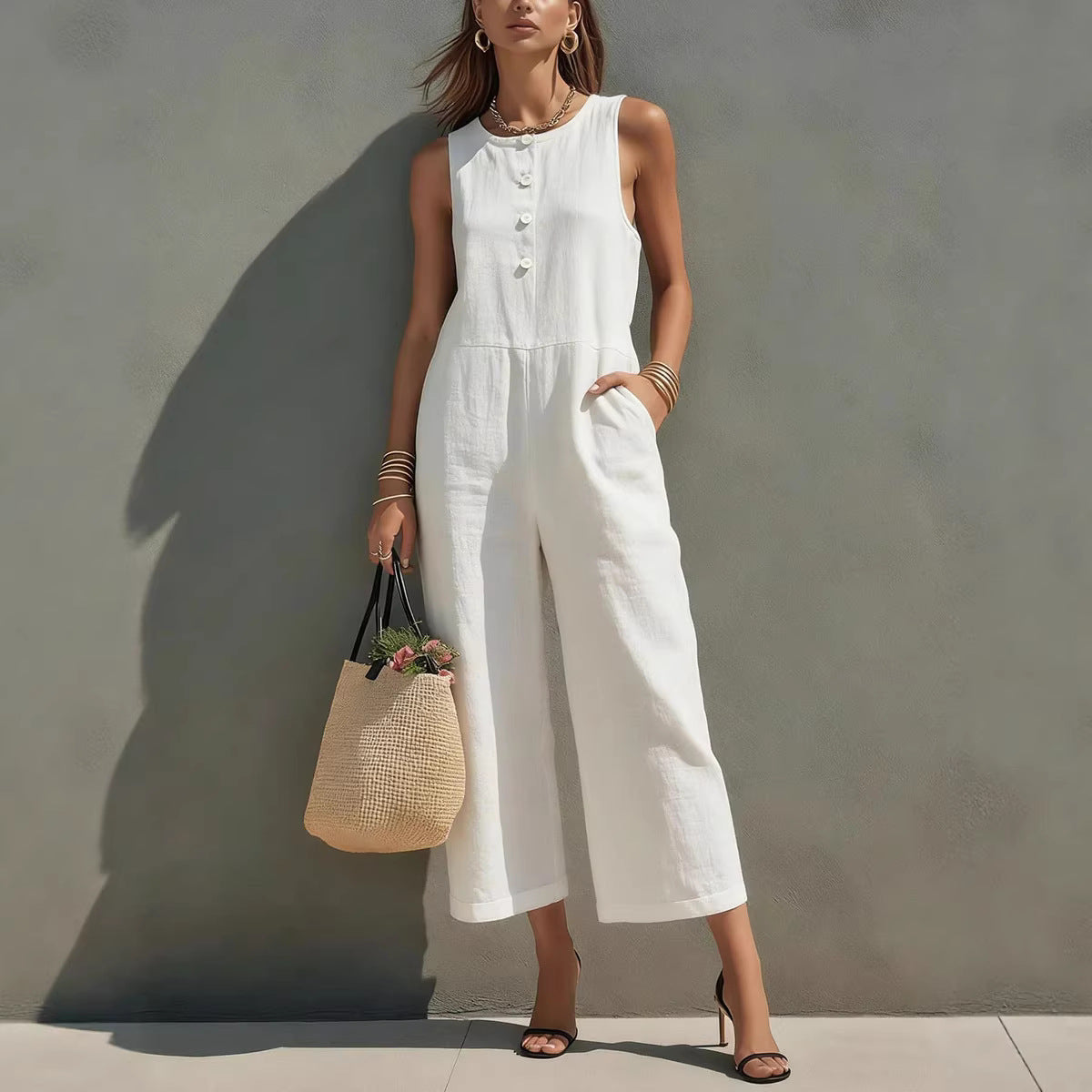 Elegant Sleeveless Wide-Leg Button Jumpsuit