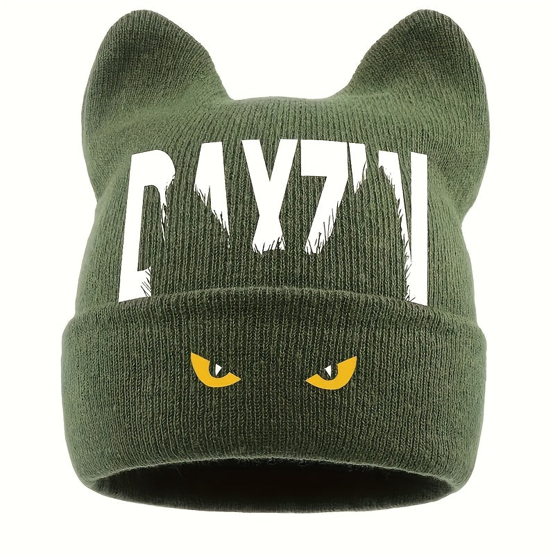 Unisex Warm Windproof Brimless Hat with Monster Eye Print and Bunny Ears, Cold-Weather Outdoor