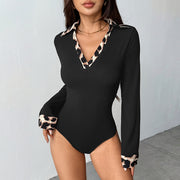 Leopard Patchwork Mock-Neck Knit Bodysuit
