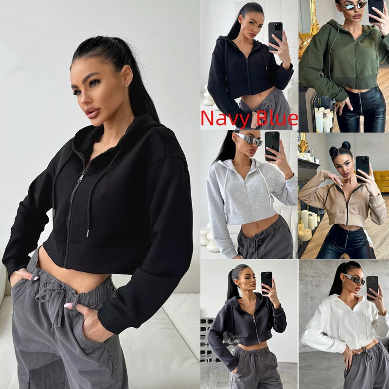 Trendy Cropped Zip-Up Hoodie with Drawstring