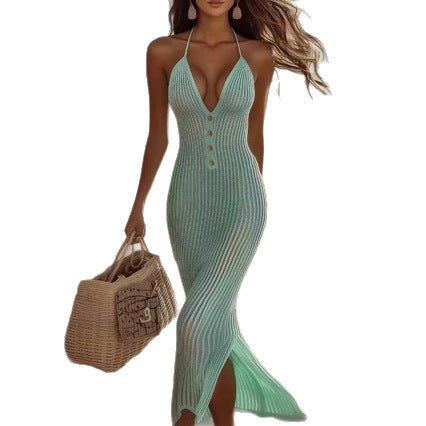 Front-buttoned Back-open V-neck Sleeveless Long Knit Dress