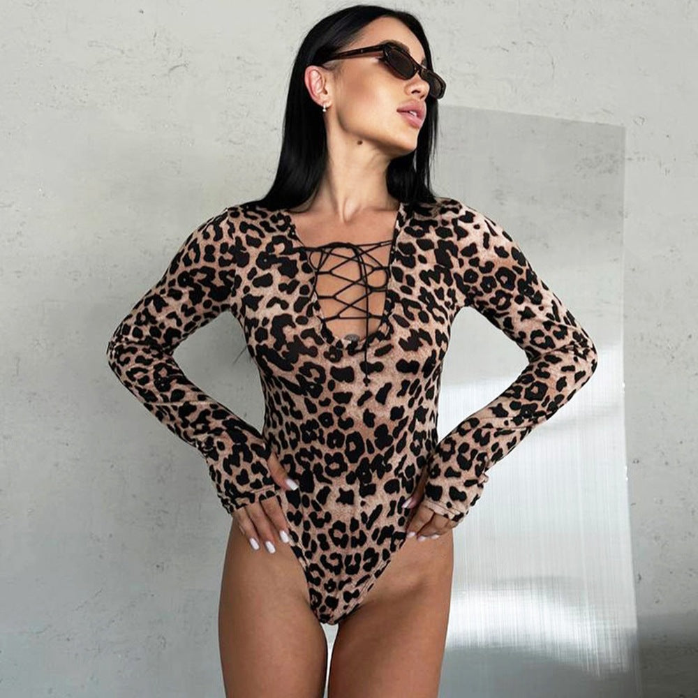 Chic Leopard Print V-Neck Long-Sleeve Drawstring Jumpsuit