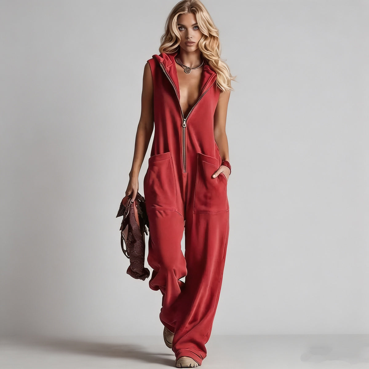 Women's Retro Hooded Zip-Up Casual Jumpsuit
