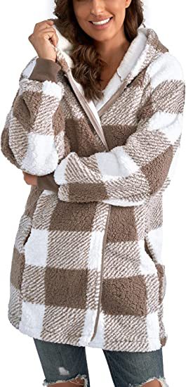 Plush Plaid Hooded Long Coat for Women
