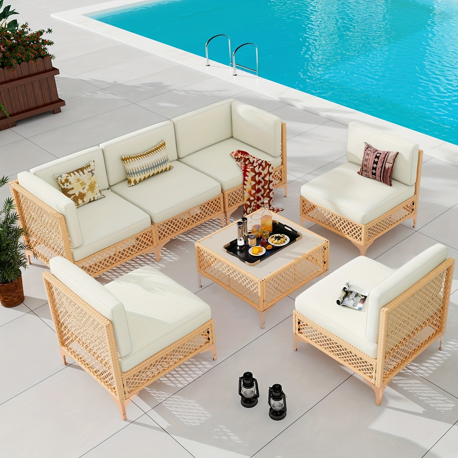 [Outdoor Sectional Sofa] 7pcs Outdoor Patio Furniture Sectional Sofa With White Cushions - -Weather Rattan Wicker -Shape/Modular Conversation Set Suitable For Garden, Pool, Backyard - & Comfortable Outdoor Seating