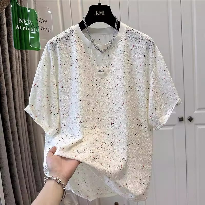 Colorful Ink‑Splatter Polka Dot Short‑Sleeve Top for Women