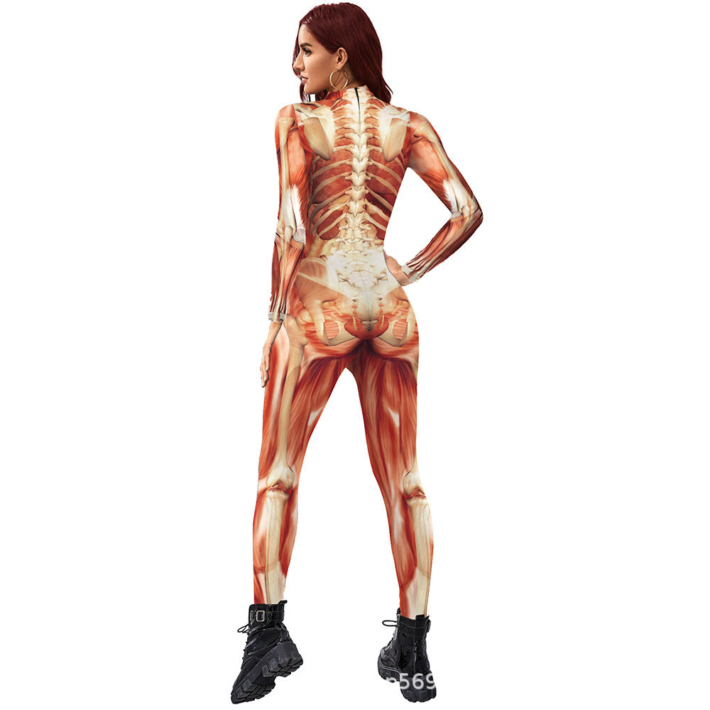 Skeleton Print Full Body Jumpsuit Halloween Costume