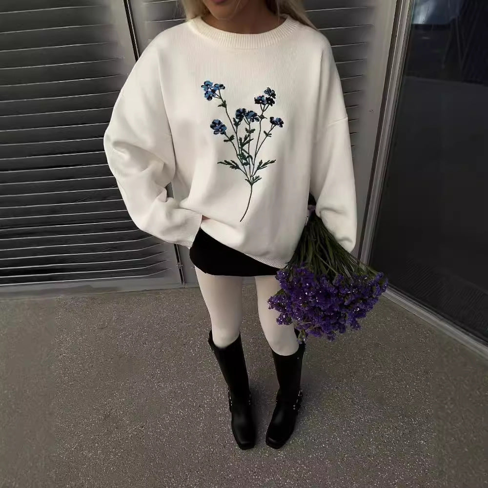 Floral Embroidered Crew Neck Sweater