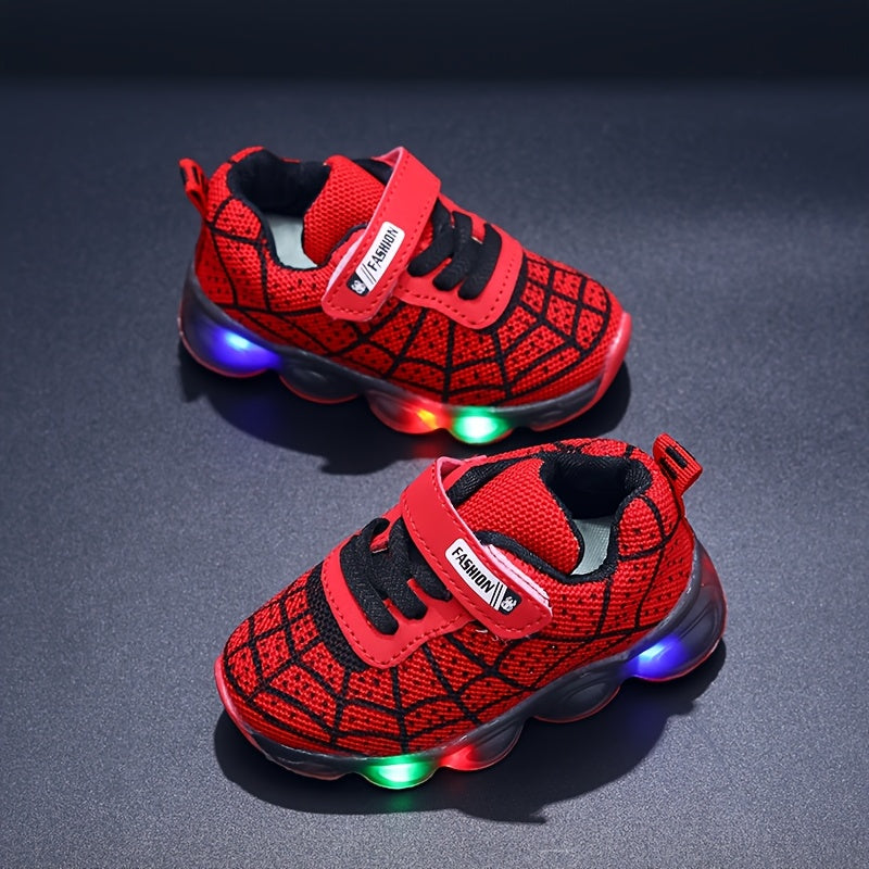 Children's Luminous LED Light-Up Sneakers with Mesh Spider Design