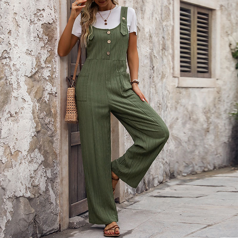 Casual Textured Pants Loose-Fitting Pleated Jumpsuit With Straps For Women