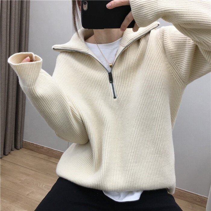 Women's Elegant Lapel Zipper Pullover Sweater