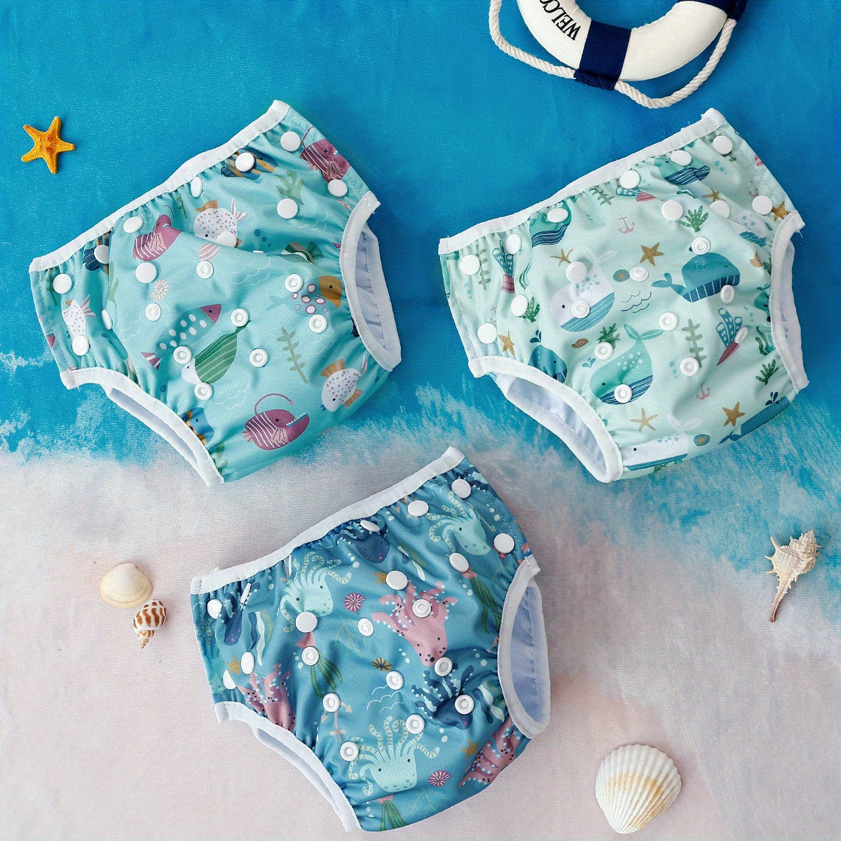 3-Piece Whimsical Swim Diaper Set with Starfish, Fish, and Bubble Patterns