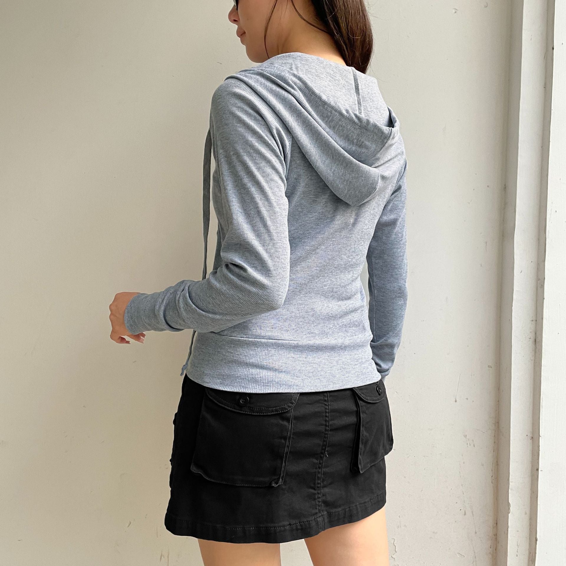 Women's Gray Ribbed Hooded Zip-Up Short Cardigan Sweater