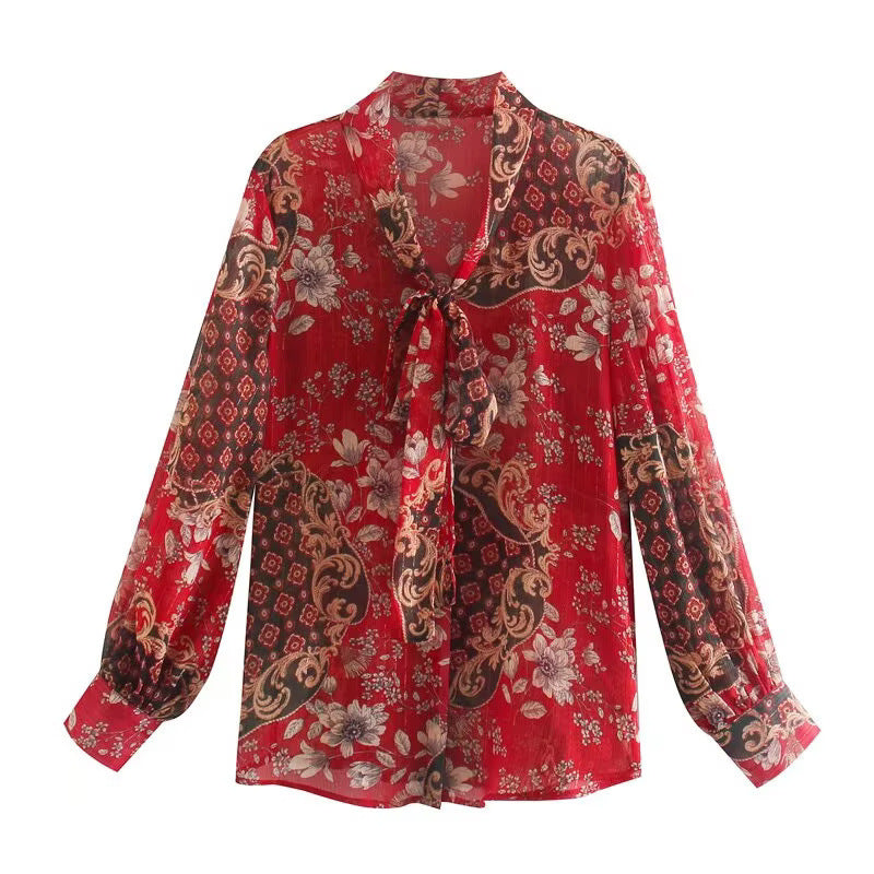 Gold Thread Chiffon Printing Shirt With Ribbon