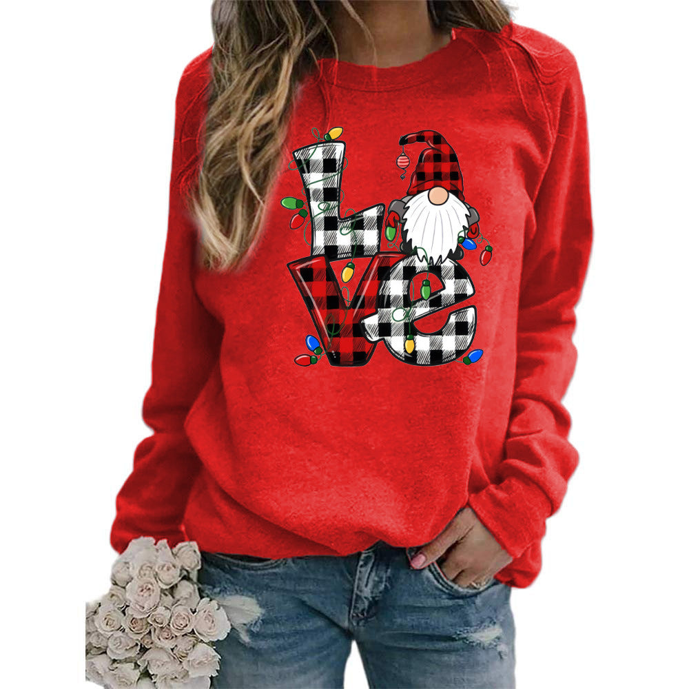 European And American Santa Claus Plaid Love Printed Round Neck Long Sleeve Sweater Coat Ladies
