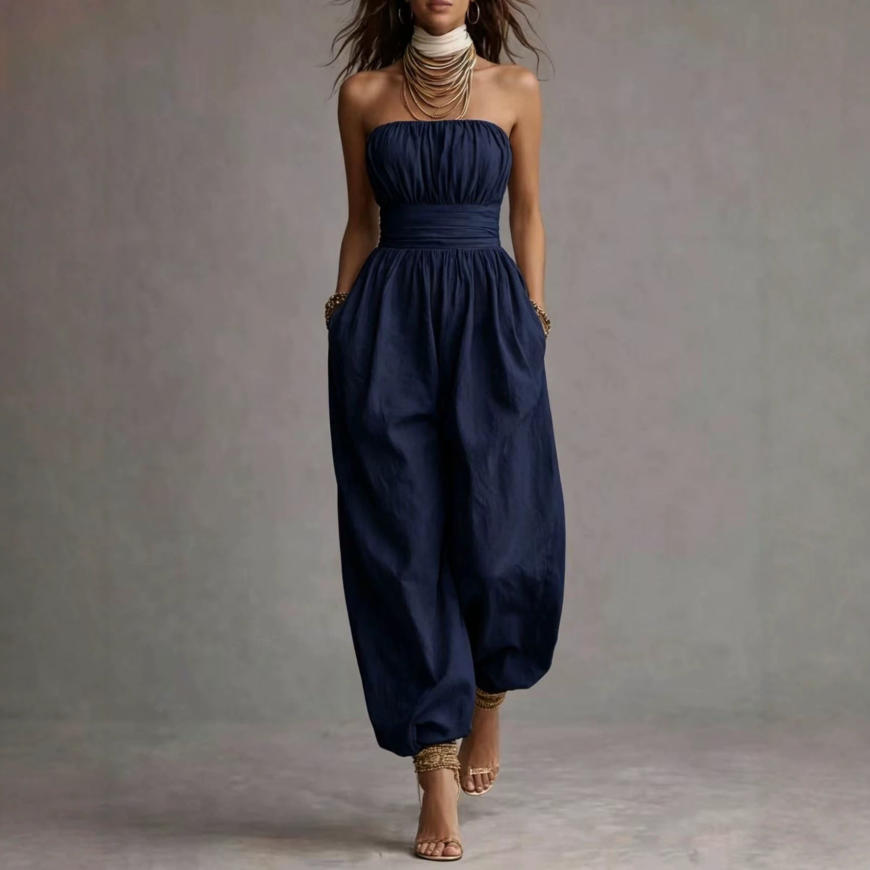 Linen-cotton Strapless Balloon-leg Jumpsuit