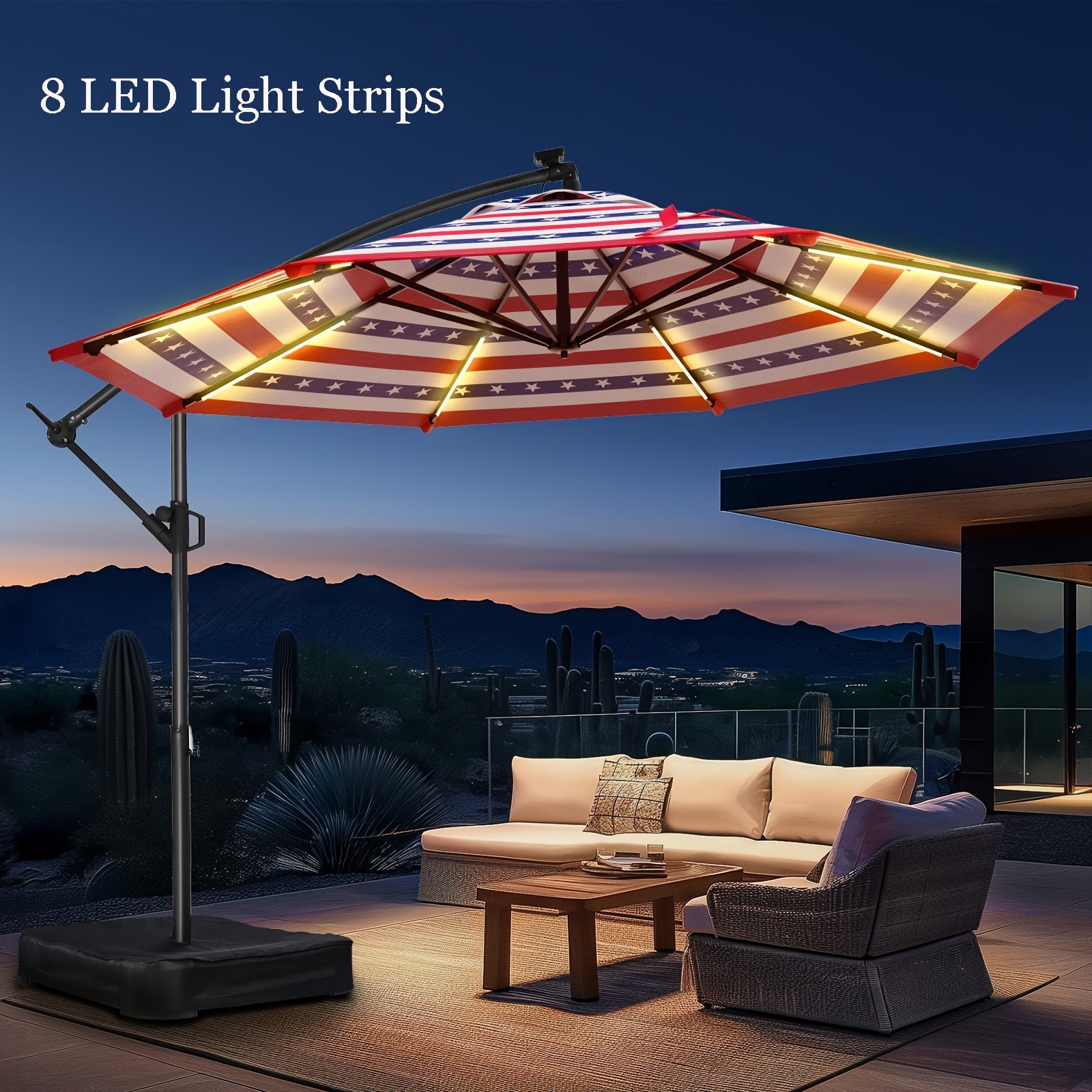 [With Light And Base]10ft Solar Lights Offset Cantilever Patio Umbrella Sun Shade, LED Solar Lighted Offset Hanging Patio Outdoor Market Umbrella, UPF50+ UV Protection With Easy Tilt And Crank, For Gardens, Decks, Backyards And Poolside.