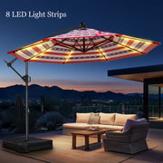 [With Light And Base]10ft Solar Lights Offset Cantilever Patio Umbrella Sun Shade, LED Solar Lighted Offset Hanging Patio Outdoor Market Umbrella, UPF50+ UV Protection With Easy Tilt And Crank, For Gardens, Decks, Backyards And Poolside.