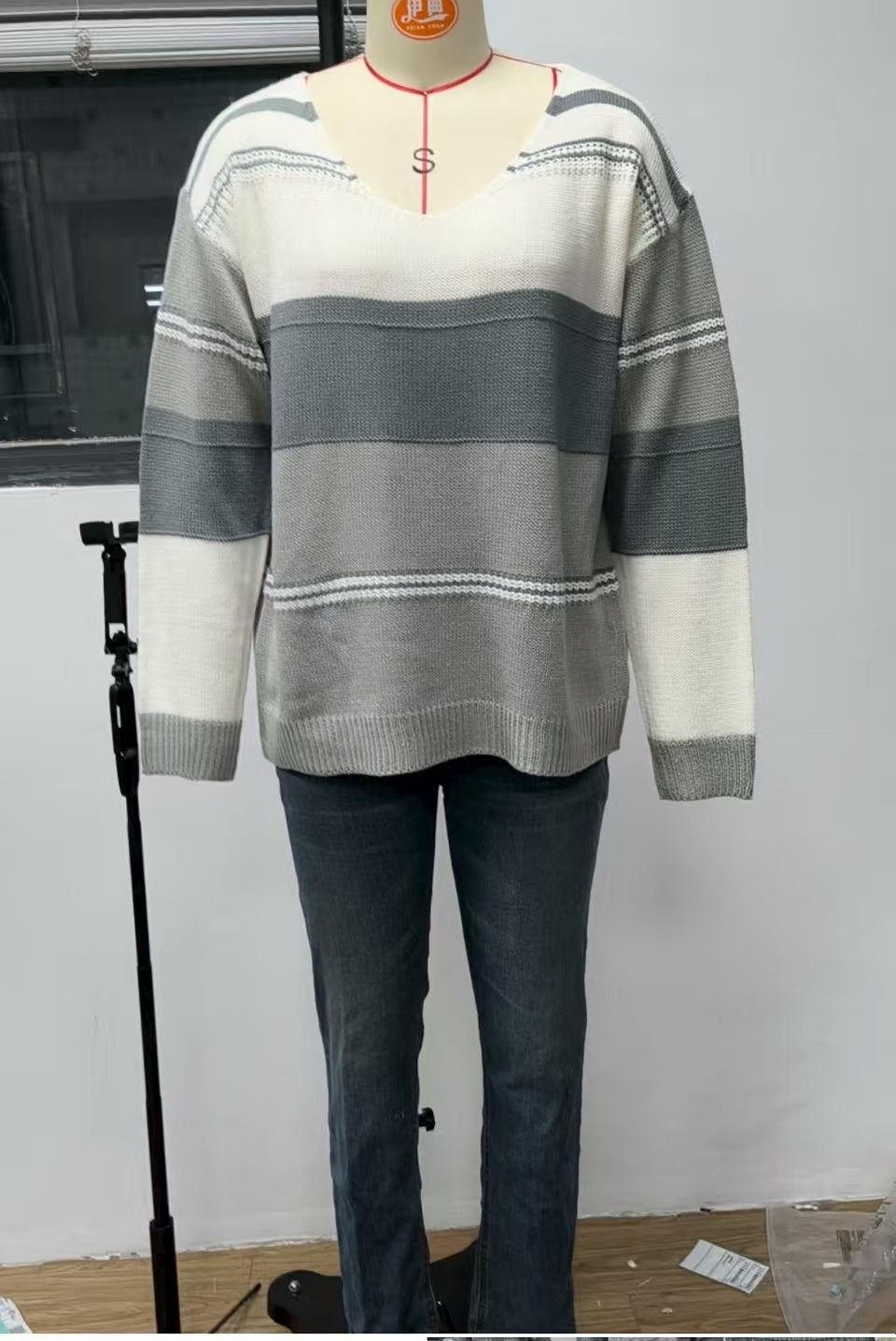 Loose V-neck Color-block Striped Sweater