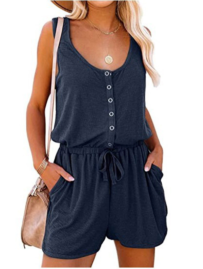 Summer Sleeveless Lace-Up Wide-Leg Romper