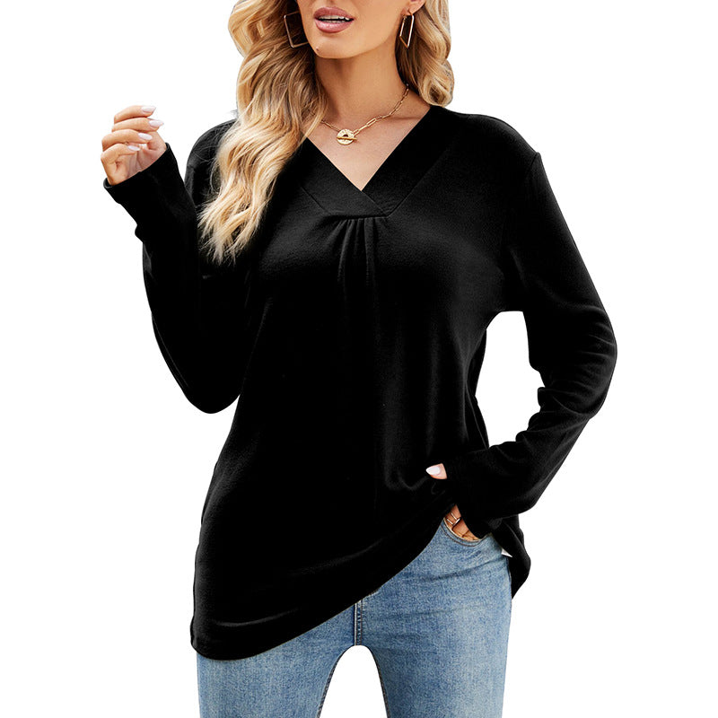 Women's Casual V-Neck Long Sleeve Loose Solid T-Shirt