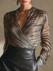 Zebra Print V-Neck Cross Sheer Chiffon Blouse