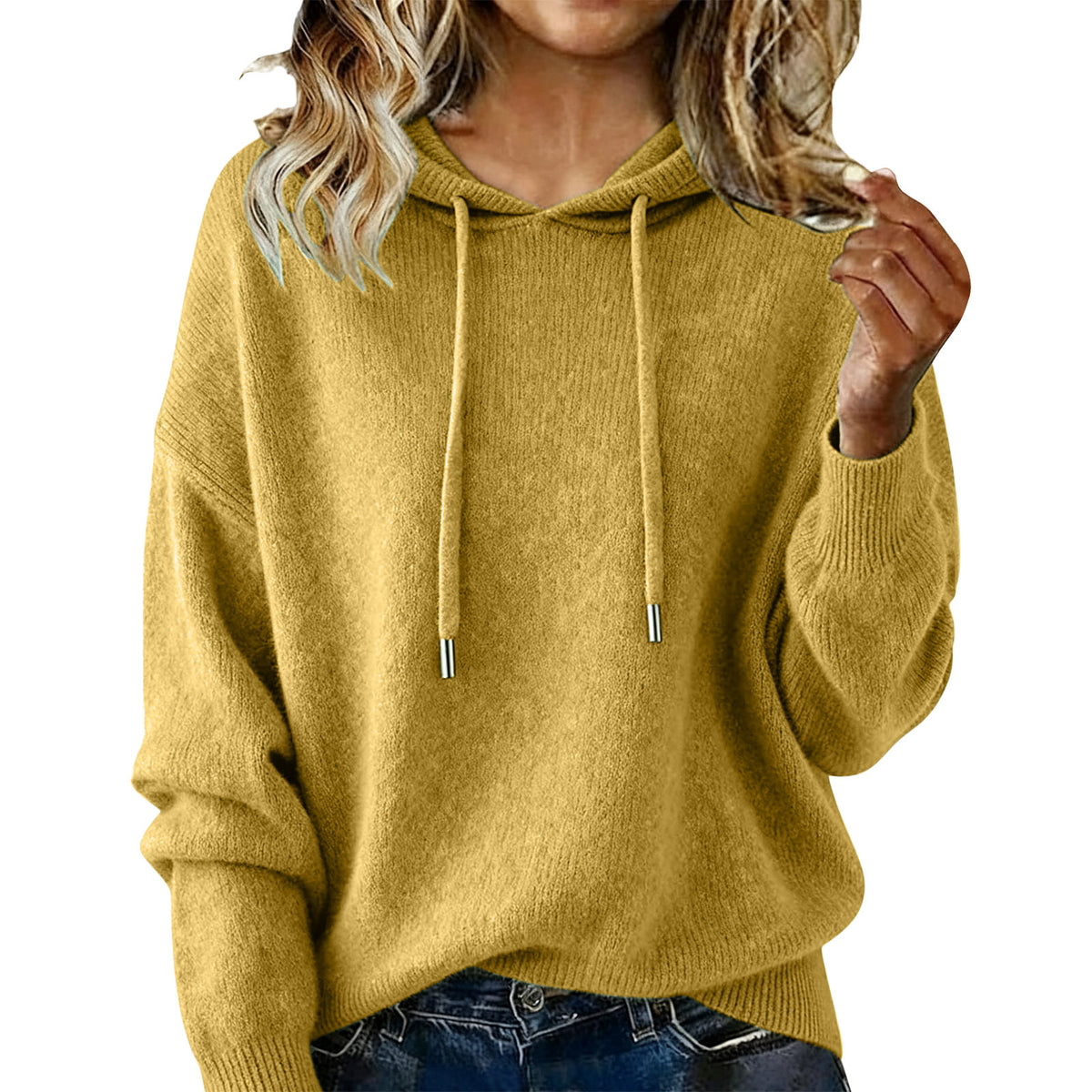 Womens Fashion Solid-color Loose Soft Hoodie with Drawstring