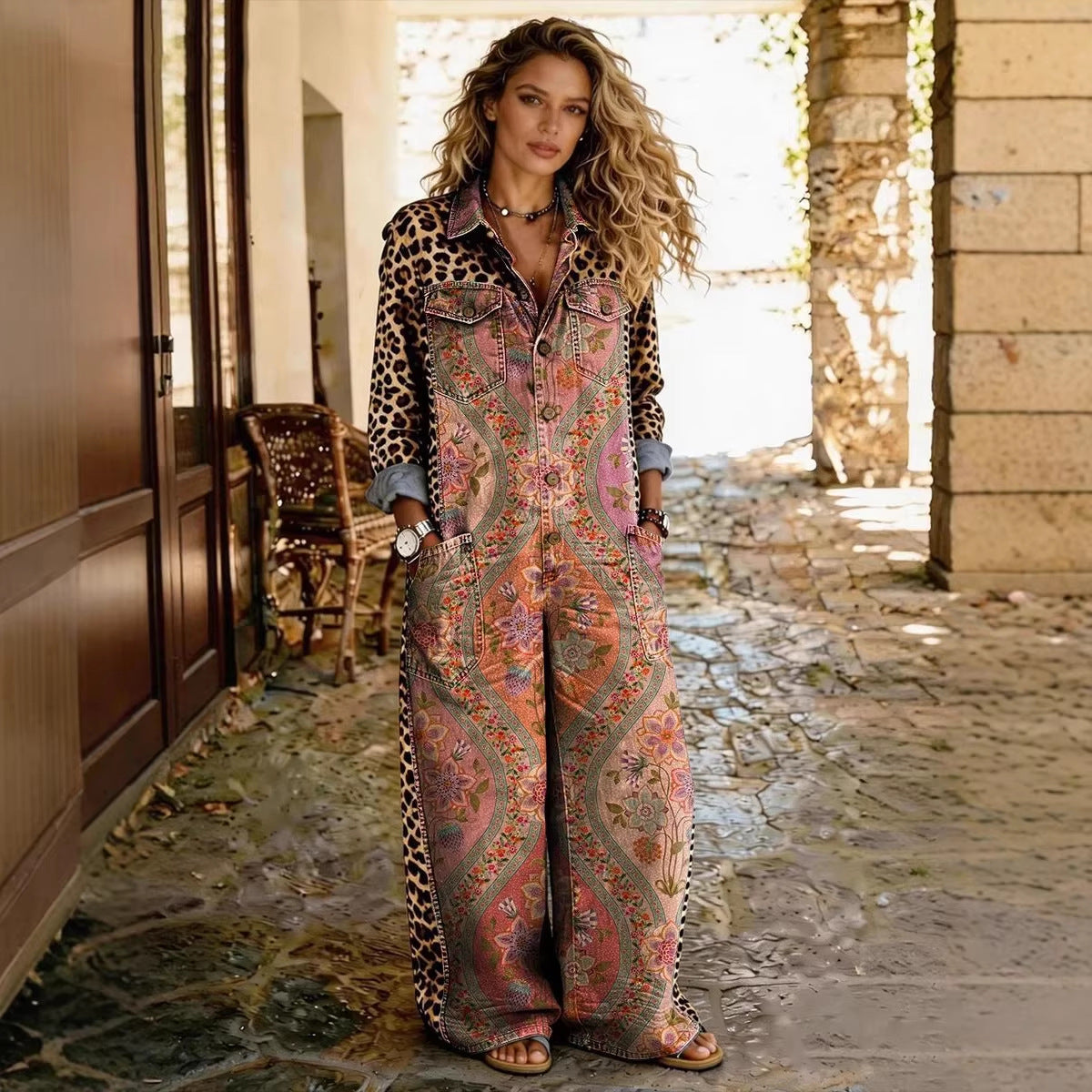 Chic Printed Long-Sleeve Lapel Jumpsuit