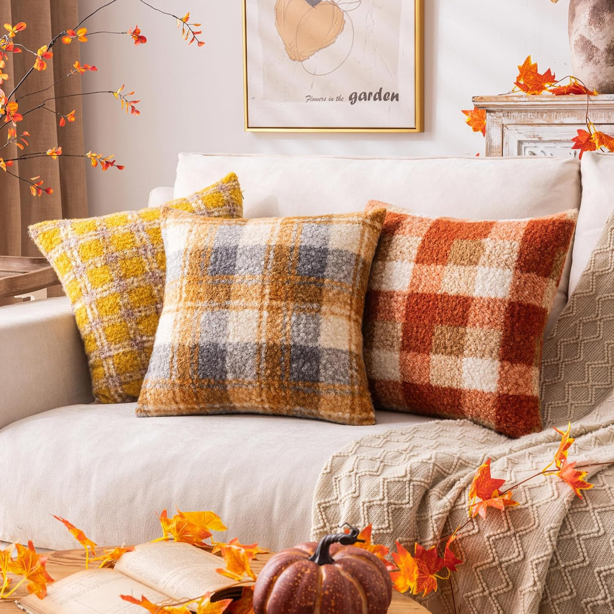 Plaid Fall Throw Pillow Covers 2 Pack, 20x20 Inch Orange Decorative Cushion Cases for Sofa, Couch, Bed and Autumn Decor