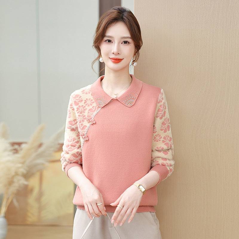 Womens Knitted Fleece Jacquard Polo-neck Sweater for Layering