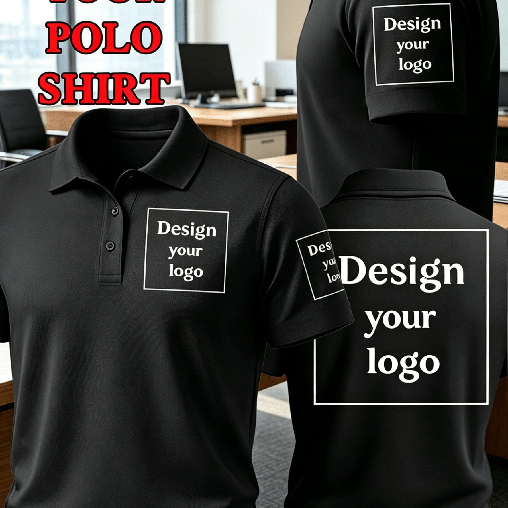 Customizable White Men's Polo Shirt with Front Chest, Sleeve, and Back Printing