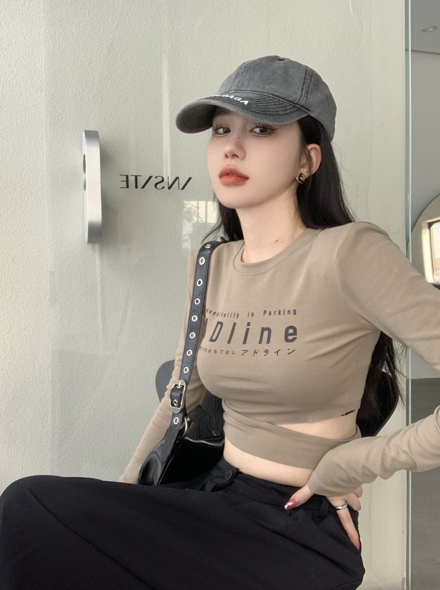 Y2K Letter Print Slim Fit Long-Sleeve Crop Top
