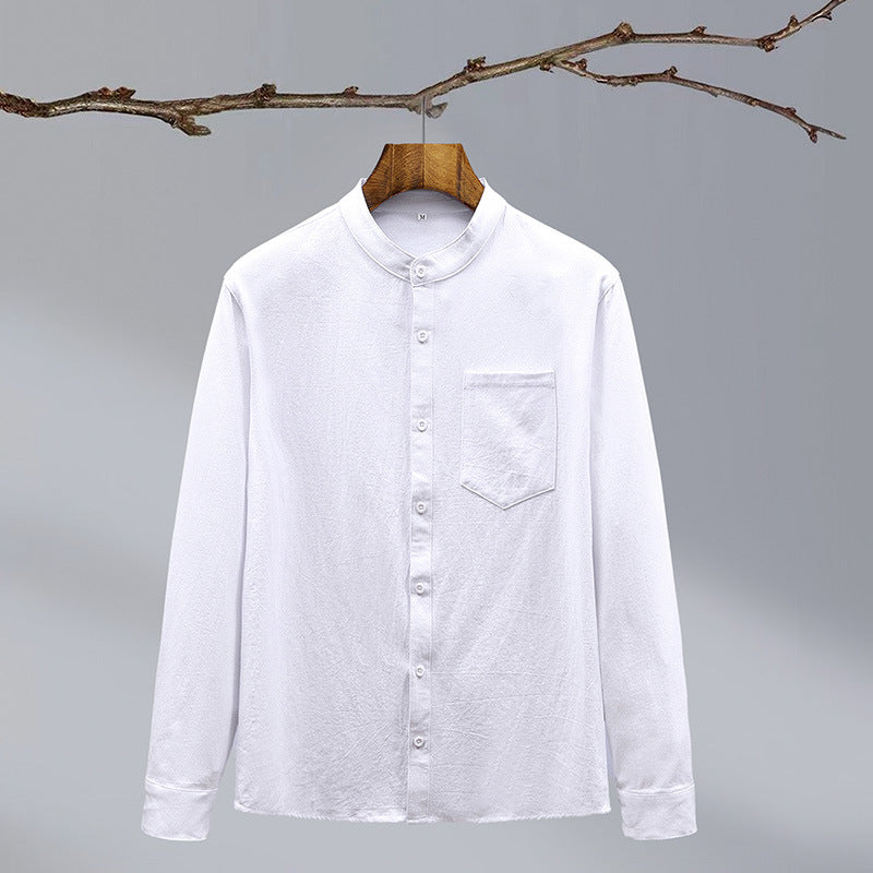 Cotton And Linen Solid Color National Style Men's Shirt