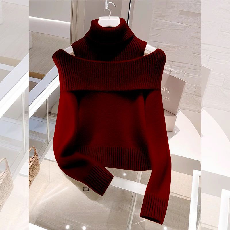 Soft Glutinous Idle Style Off-the-shoulder Bulky Turtleneck in Apricot Sweater