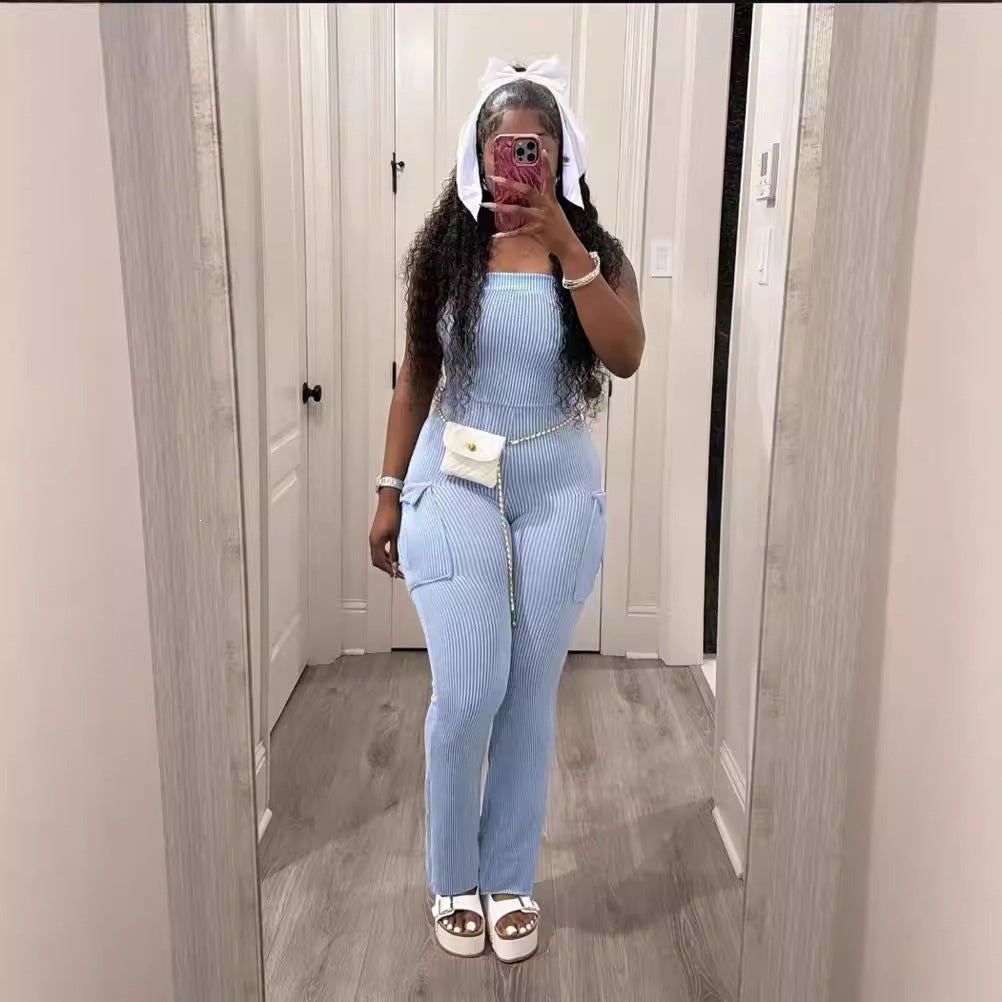 Womens Fashion Solid-color Ribbed-pocket Bodycon Jumpsuit