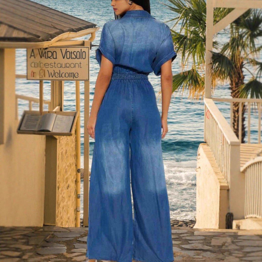 Women's Wide-Leg Denim Jumpsuit with Waist-Cinch
