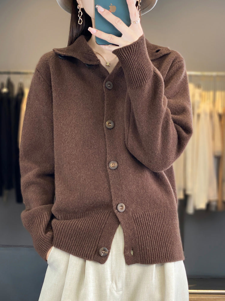 Turtleneck Solid Color Full Wool Loose Slimming Women's Cardigan Sweater