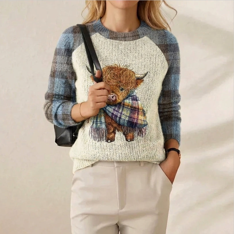Anti-pilling Knitted Sweater with a Little Bear Print for Women