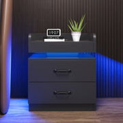 Black Nightstand with Built‑In Charging Station and LED Light, 2‑Drawer Storage Bedside Table