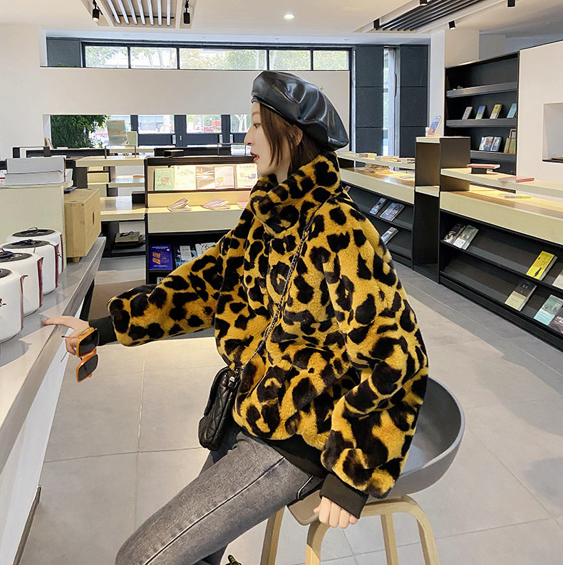Leopard Print Faux Fur Stitching Women's Winter Sweater