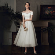 Off-the-Shoulder Tulle Puff Midi Wedding Dress