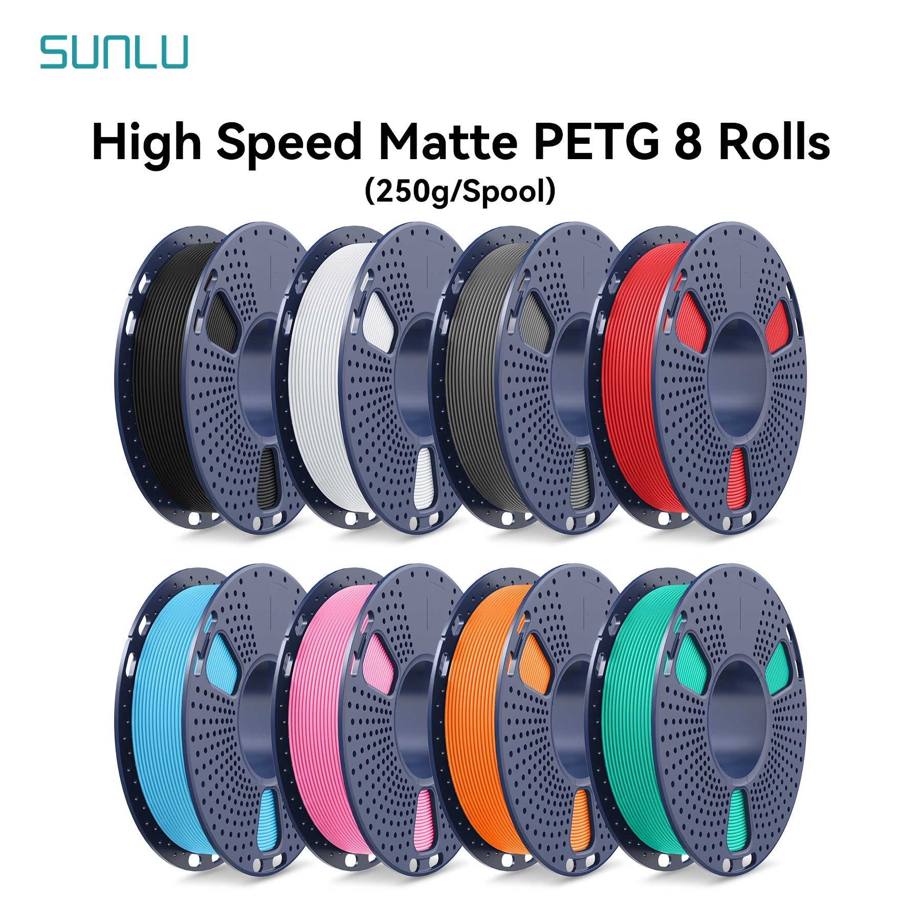 8‑Pack Matte PETG 3D Printer Filament – Fast 600 mm/s Printing, 8 Colors, 250 g Rolls