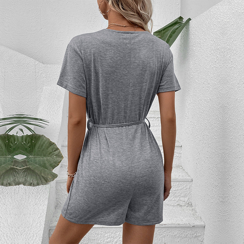 Elegant Solid Color Casual Belted Short Jumpsuit