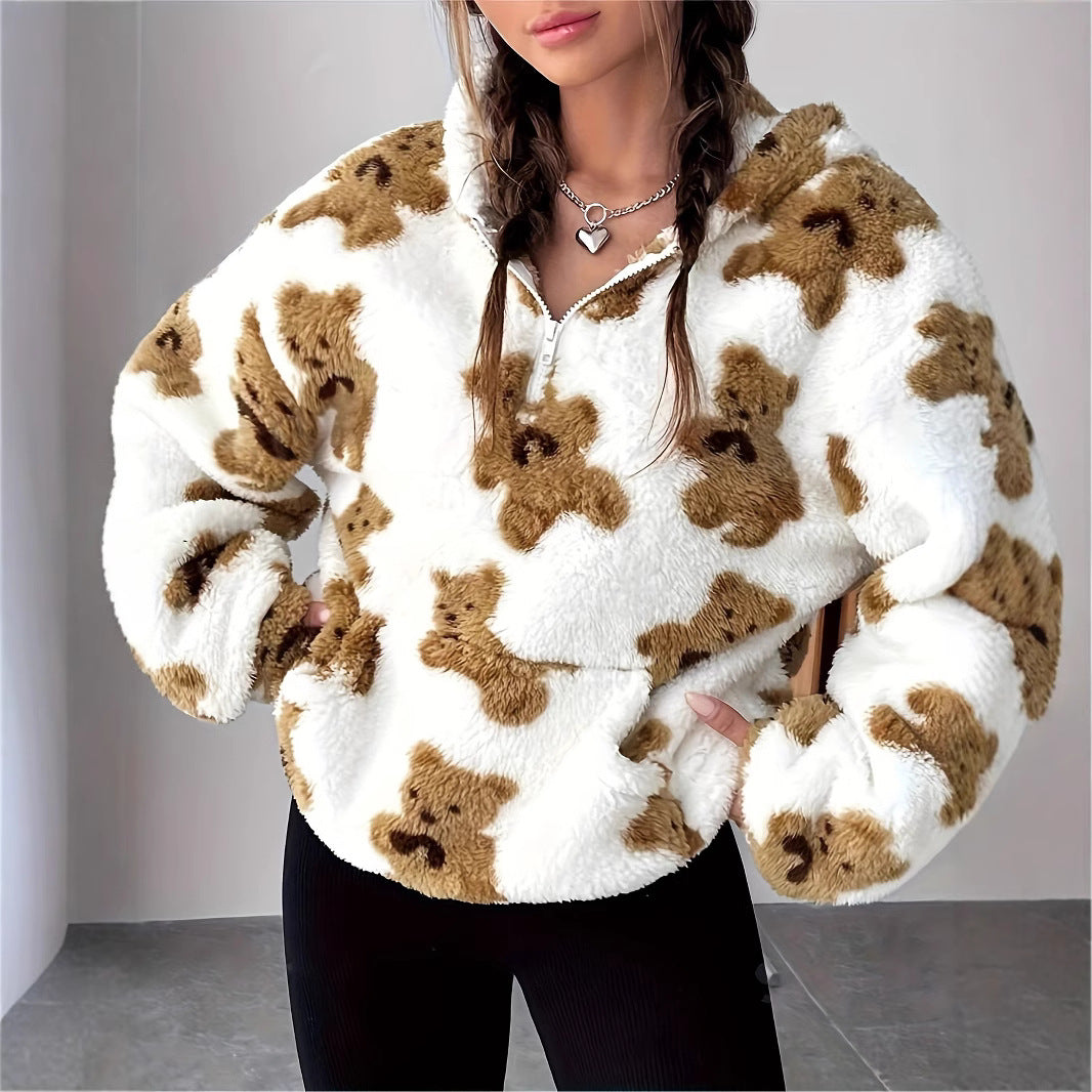 Cute Bear Print Plush Casual Sweatshirt for Women