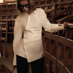 Cotton White Lapel Long Sleeve Waist Cross Irregular Shirt