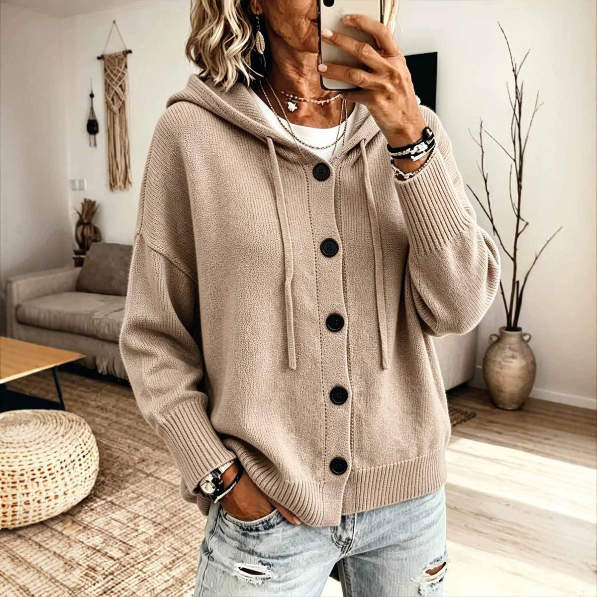 Casual Loose-fit Hooded Cardigan Sweater with Buttons